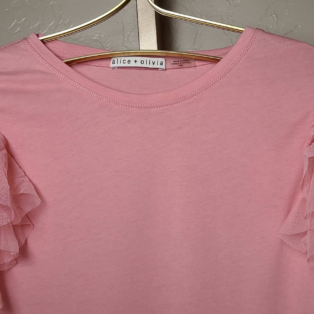 Alice + Olivia Blush Pink Rylan Tulle Sleeve T-shirt Fairy Top 100% Cotton - Picture 3 of 16